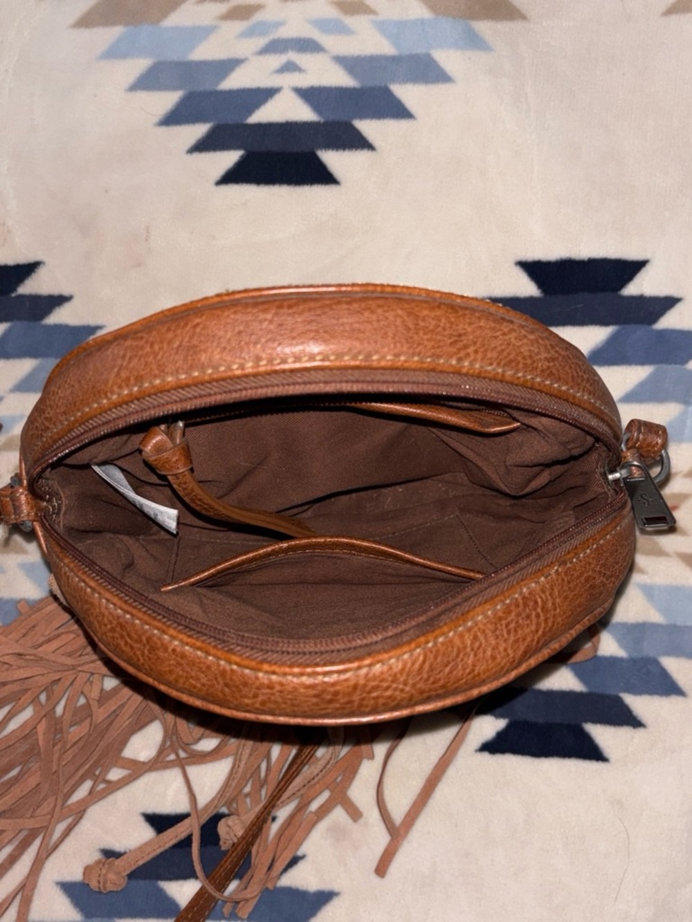 Shyanne Fringed Round Crossbody Bag with Aztec Textile Panel - Brown - Picture 2 of 4